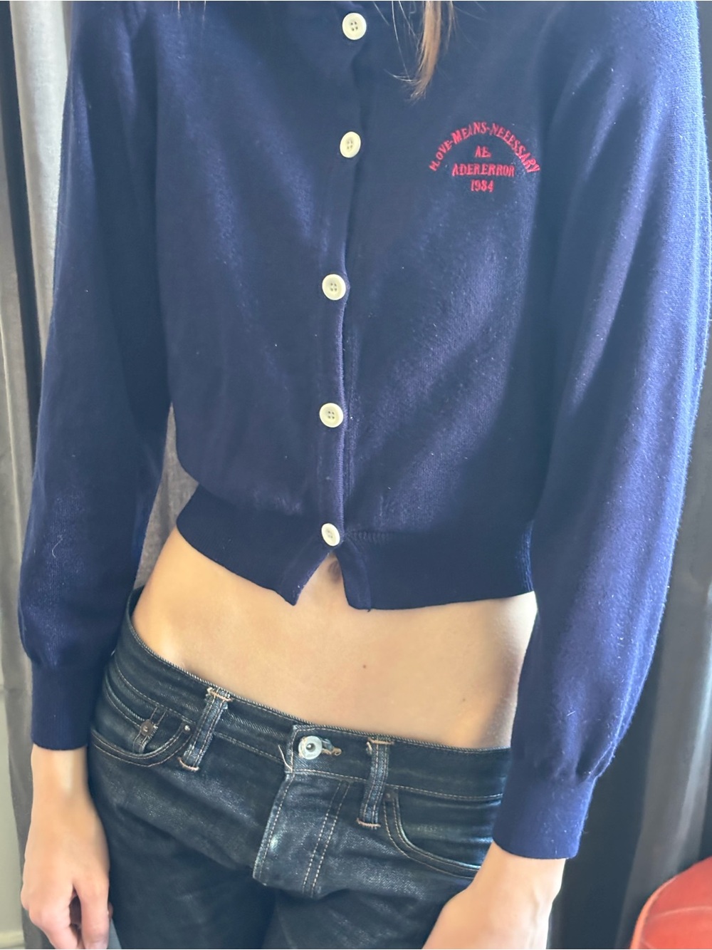 Ader Error Cropped Cardigan
Navy with Red Embroidery 
XS - Picture 2 of 11